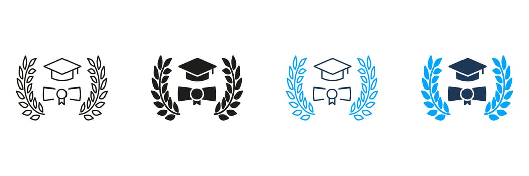 Graduation Cap And Diploma With Laurel Wreath Line And Solid Icon Set. Academic Achievement And Educational Excellence Symbol Collection. Scholarly Success And Honor. Isolated Illustration vector