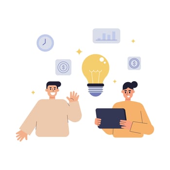 Flat style illustration of two cheerful business people discussing ideas. Business startup idea concept. illustration. vector