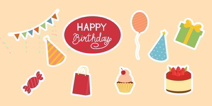 Happy birthday stickers set. Birthday greeting party elements. Gift, cake, cupcake, balloon, candy, garland, birthday hat. vector