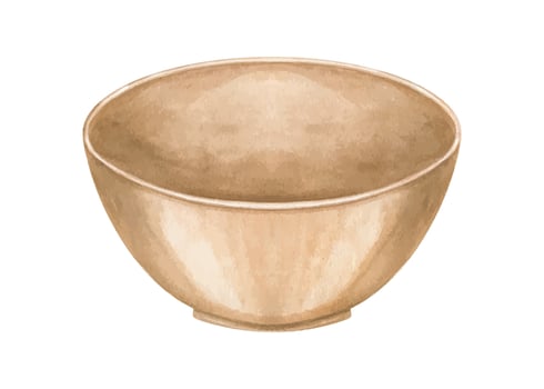 Traditional Asian ceramic bowl for soup or tea, painted watercolor. Empty food brown plate sketch on isolated background. Round Handmade pottery for menu design, cultural publication, oriental cuisine vector