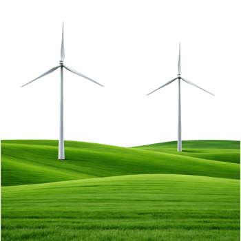 White wind turbines on rolling green hills image png