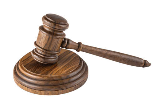 Wooden judge gavel resting on tiered sound block justice legal png