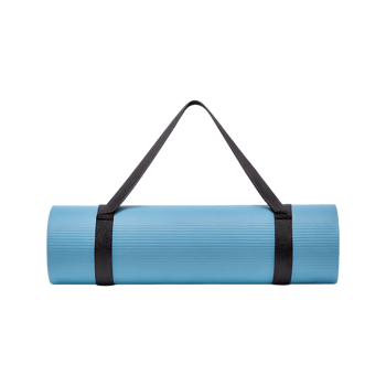 Blue rolled yoga mat with black carrying strap image png