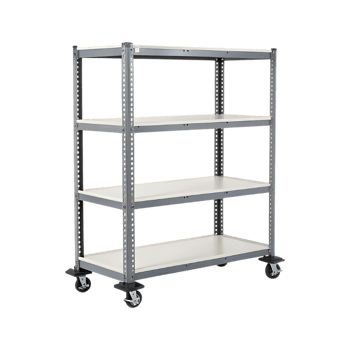 Gray metal shelving unit with white shelves and wheels image png