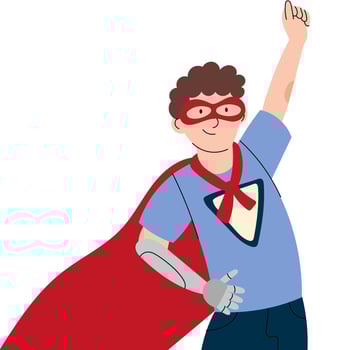 Brave boy in superhero costume with a prosthetic arm. Motivational illustration about strength, inclusion, and believing in yourself. vector