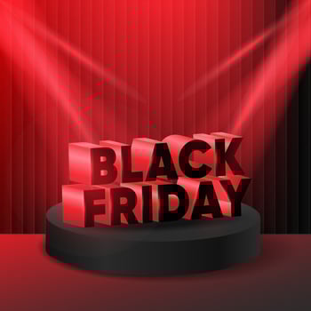 3D Black Friday Promo banner Background, text on round podium with red spotlights and dark stage background for sale banners, store promotions, online ads, posters, and social media marketing. vector