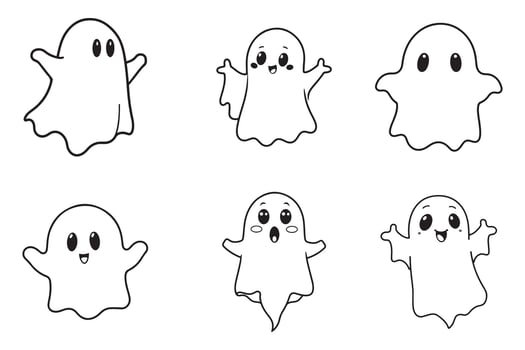 Cute Cartoon Ghost Outline Set. Halloween Ghosts. vector