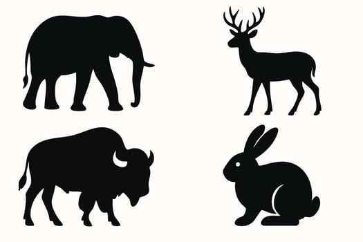 Four Black Silhouettes of Wild Animals Elephant, Deer, Bison, and Rabbit vector