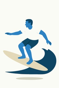 Stylized Surfer Riding a Wave with Blue Tones and Tan Board vector