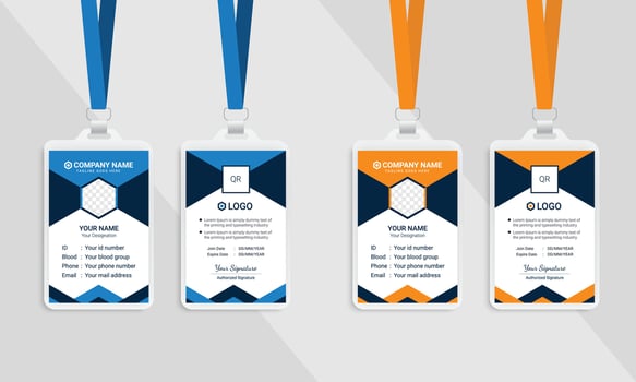 modern identification cards with lanyards, two blue and two orange. vector