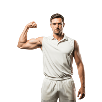 Strong Cricketer Flexing Arm Muscles in White Sports Uniform Isolated on Transparent Background png