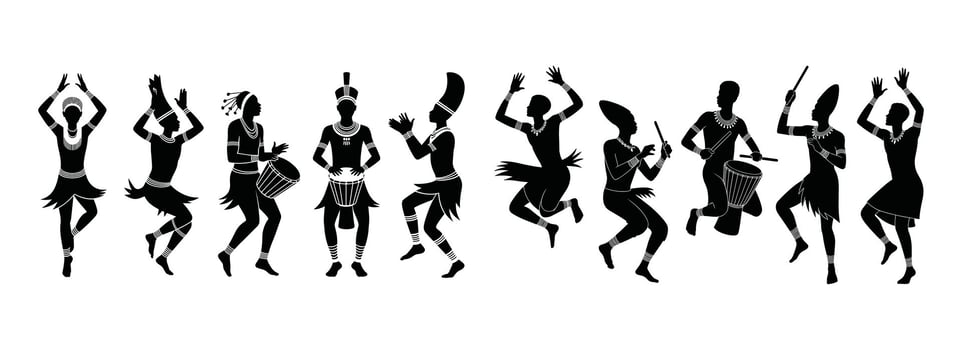 African Tribal Dancers Silhouettes Performing Traditional Rituals With Drums dancing vector