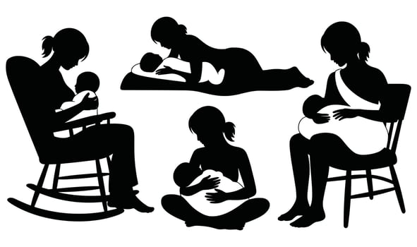 Motherhood Silhouettes Breastfeeding And Rocking Baby In Various Poses illustration vector