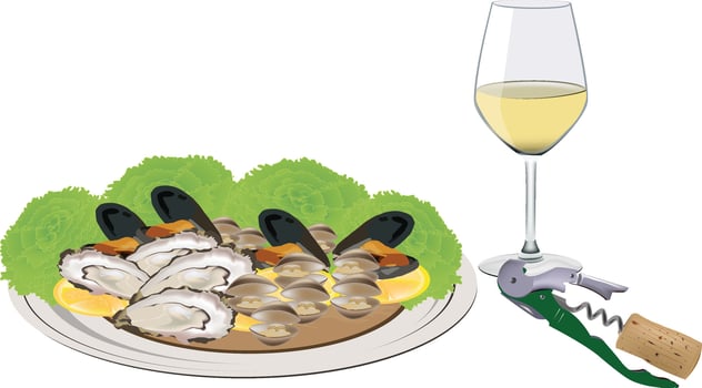 appetizer of shellfish, oysters and mussels with white wine- vector