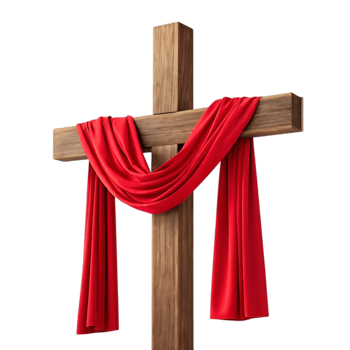 Wooden cross with red drape isolated on transparent background, symbolizing christian faith, easter resurrection, and the sacrifice of jesus christ for salvation png