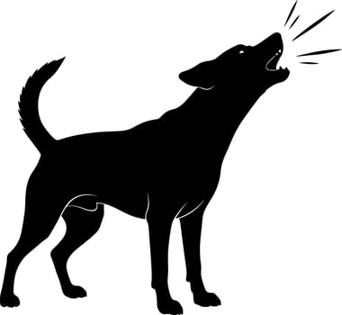 A black silhouette of a dog barking loudly with sound waves emanating silhouette vector