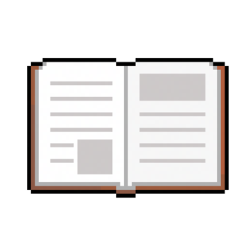 8-bit pixel art of an open book with visible pages, on a transparent background png