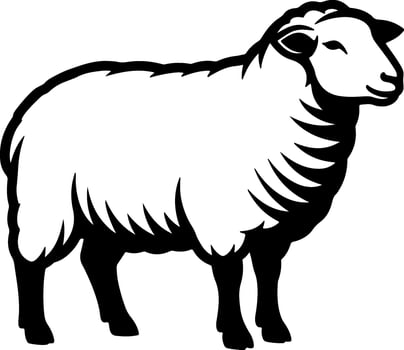 A detailed black and white silhouette of a standing sheep with woolly fleece vector