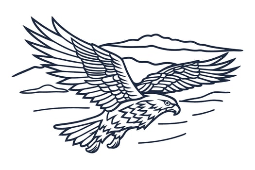 Flying eagle outline illustration with spread wings, mountain landscape background, wildlife freedom concept vector