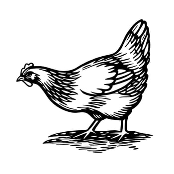 Black and white chicken illustration farm animal, hen pecking ground, rustic agriculture design, vintage sketch vector