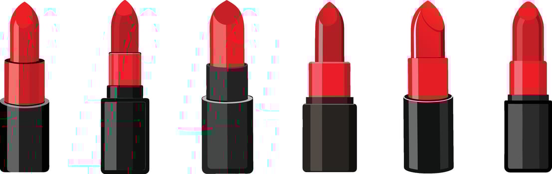 Six tubes of glamorous red lipstick in various shades and positions vector