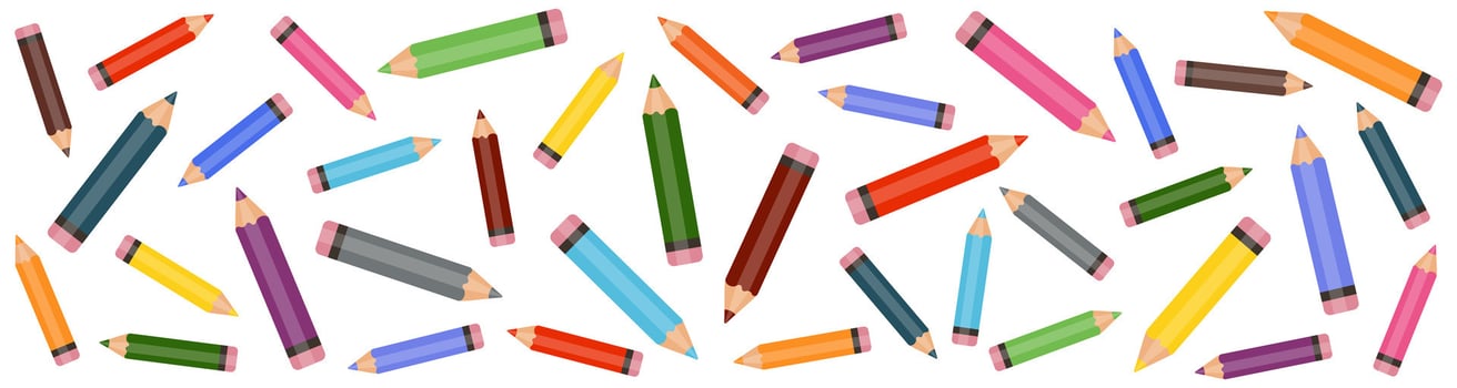 Colorful scattered pencils banner. Bright cartoon style drawing of multicolored pencils isolated on white background. Education, art, school, creativity, stationery, design background. vector