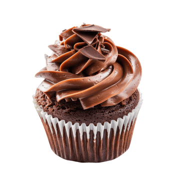 Close-up of a chocolate cupcake. Frosted with swirls of brown icing, topped with chocolate shavings png