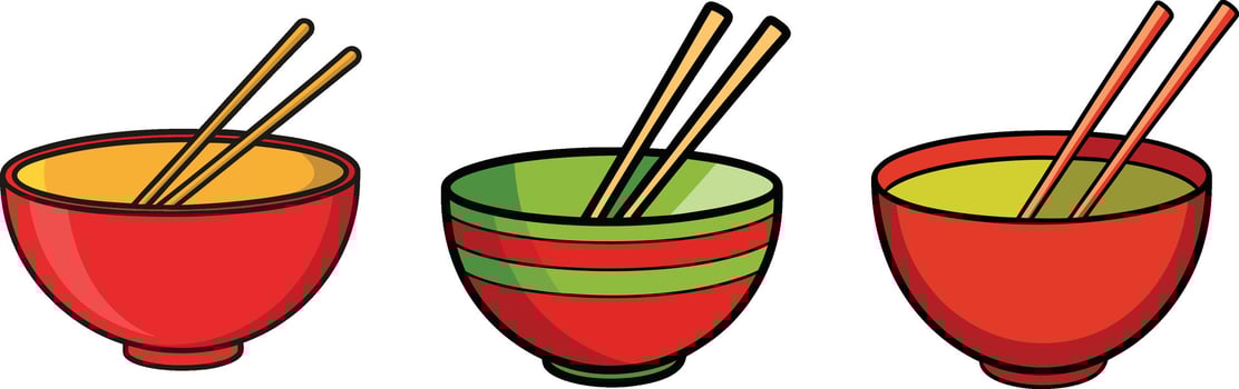 Three cups with chopsticks and a bowl of noodles vector