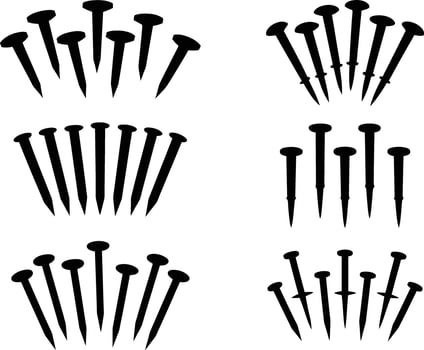 Various clusters of nails in black silhouette, representing tools and construction vector