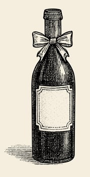Wine bottle with ribbon. vintage monochrome illustration. Engraving style vector