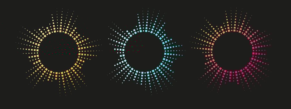 Round audio spectrum with dotted waveform bars in bright neon tones. Perfect for music, radar, or voice analysis concepts. art. vector