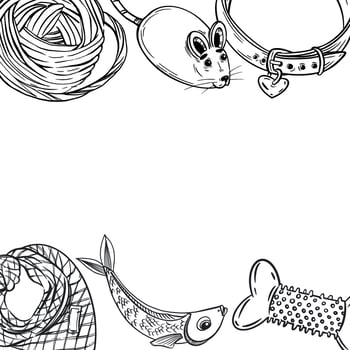 A square frame of accessories for pets, collars, scarves, toys, a mouse, a ball, a bone. All objects are hand-drawn with ink. Illustration for printing on the packaging of feed, pet products vector