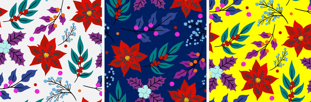 vibrant seamless winter holiday patterns set with colorful floral motifs on white dark blue and yellow backgrounds for festive design vector