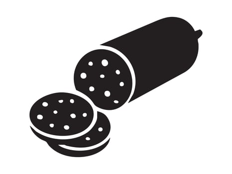Black silhouette of sliced salami isolated on white background. concept of cold cuts, deli meat, food illustration, icon, logo, snack, design element. vector