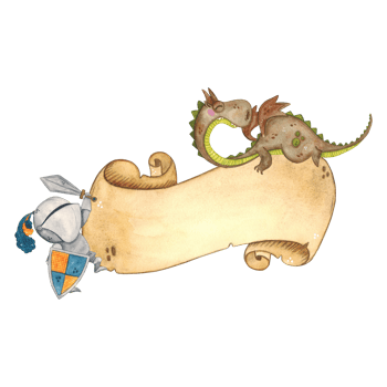 Composition, dragon and knight with sword and shield on the background of a ribbon of old parchment. Watercolor illustration hand-drawn, cartoon. For scrapbooking, journaling, stickers, print png
