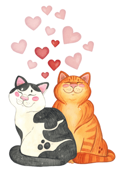 Template for postcard red cat and black and white cat on red hearts. Hand drawn watercolor illustration. Animals, cat, cat, heart png