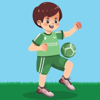 A boy in green soccer uniform kicking a soccer ball vector