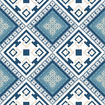 Geometric ethnic patterns in blue, white, and cream create a stunning design background. The seamless arrangement and intricate detailing gives a perfect backdrop for design projects vector