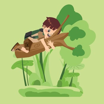 Boy riding a branch in the forest vector