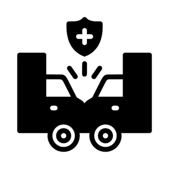 Black Silhouette Icon of Car Accident Collision with Safety Medical Shield. Vehicle Crash and Auto Insurance Coverage Symbol for Road Safety, Traffic Risk Awareness, and Accident Claim Illustration. vector