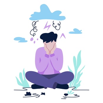 Despondent figure in lotus position with hands covering face under stormy cloud vector