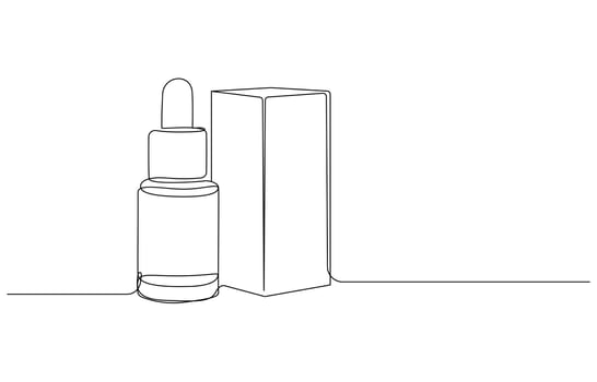 Dropper Bottle and Packaging on Sandy Beach Setting continuous one line drawing vector