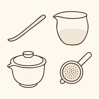 Minimal Teaware Tools, Spoon, Mixing Pitcher, Lidded Pot, Fine Mesh Strainer vector