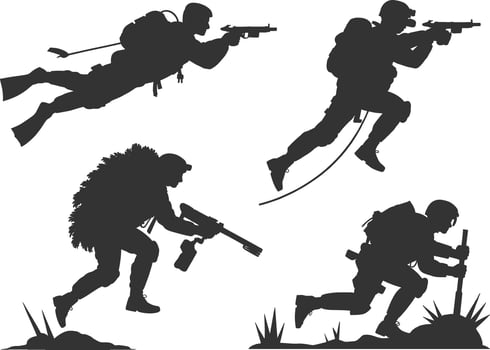 US Army Silhouette, Soldier Saluting, American Flag, Combat Action, Military Soldiers in Tactical Operations vector