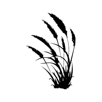 A simple black silhouette of a clump of wild grass with fluffy seed heads, blowing gently in the wind. vector
