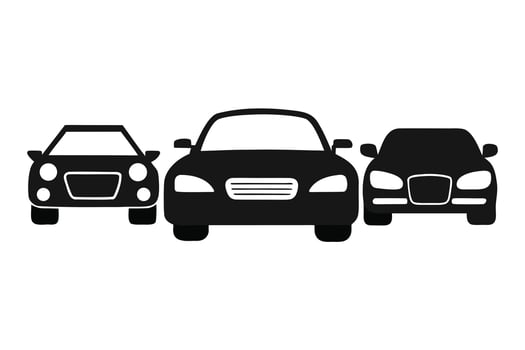 Three black car silhouettes front view simple design transportation icon vector