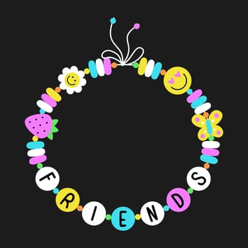 Beaded tie Bracelet with Friends abbreviation. Y2K Nostalgia 90s Pop Art style Vintage BFF Accessory Design. Retro Groovy illustration vector