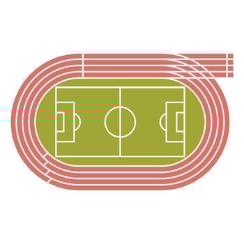 Run track with football stadium. Field for soccer and runner arena with tracks. Top view on sport or athletic arena. Racetrack with line, 8 pathways, start and finish. illustration olympic game vector