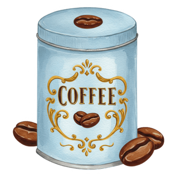 Light blue vintage coffee tin with gold ornate label and coffee beans can transparent background png