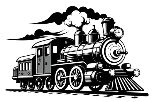 Vintage steam locomotive train black and white illustration retro transportation railroad journey travel nostalgia classic engine vector